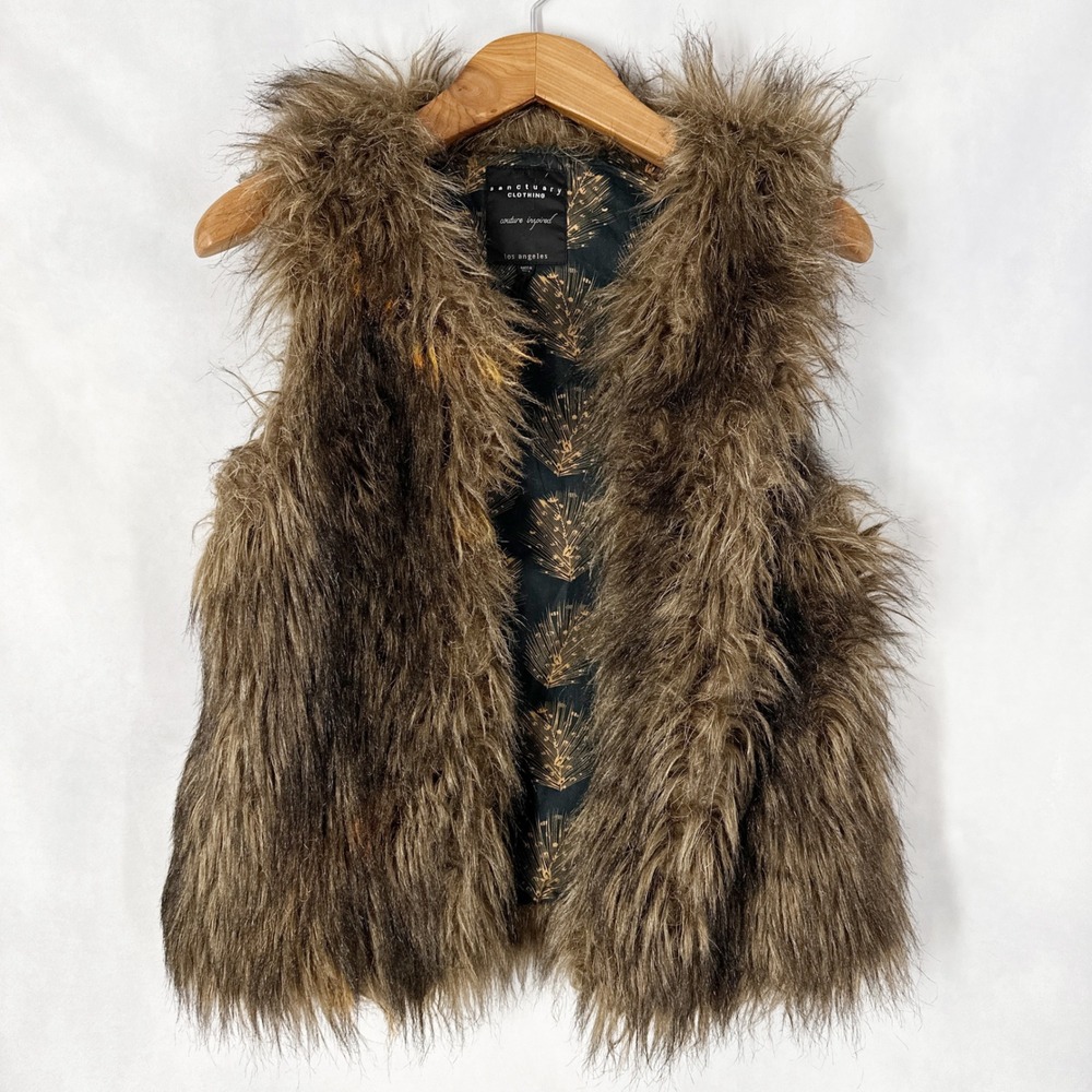 Sanctuary Shaggy Brown Dirty Blonde Faux Fur Sleeveless Vest Womens Size Small